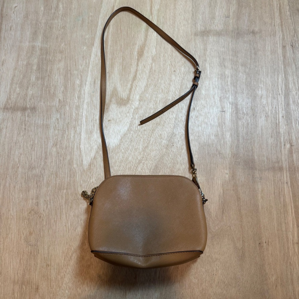 Michael Kors Brown Saffiano Leather Dome Crossbody Bag Tan Gold Hardware Purse - Picture 5 of 8